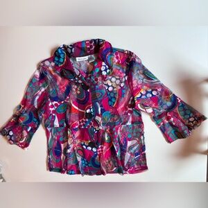 Patchington Multicolor Abstract Mesh Button Down with wire collar, Women’s Med